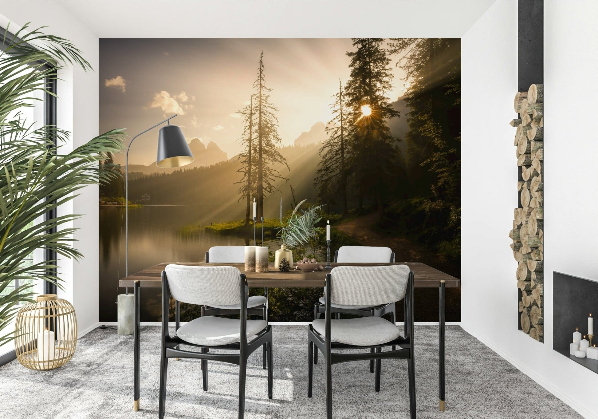 Monochrome dark tree shapes for Lakeside Radiance unique wallpaper.