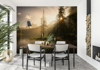 Monochrome dark tree shapes for Lakeside Radiance unique wallpaper.
