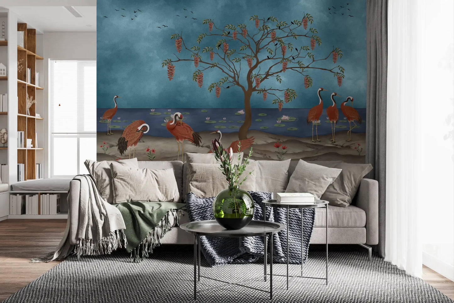 Wisteria wall mural bringing soft nature detail to a home office