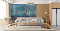 Cranes and Wisteria wall mural styled behind a modern living room sofa