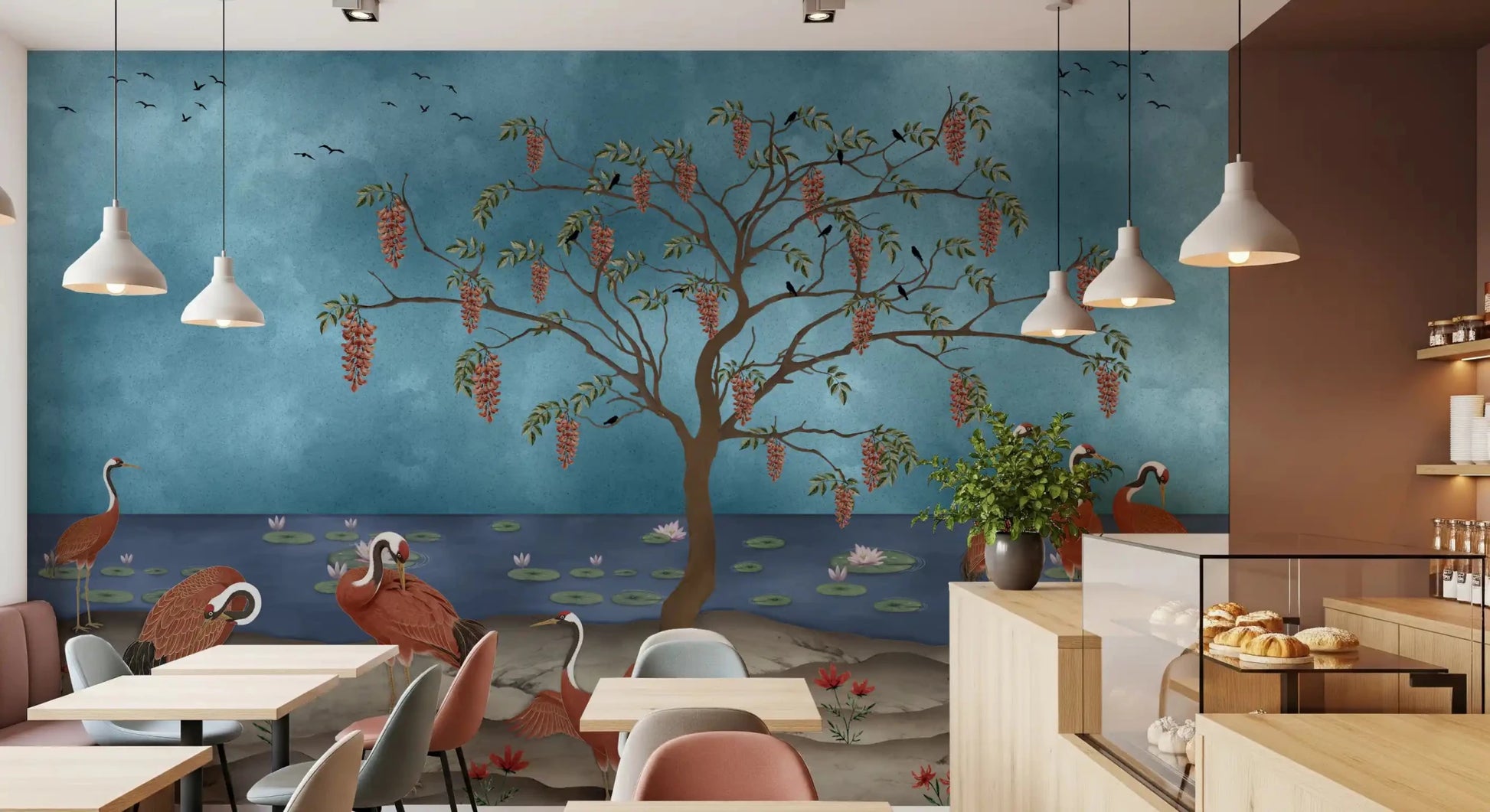 Blue lake wall mural giving a boutique suite a quiet scenic restaurant 