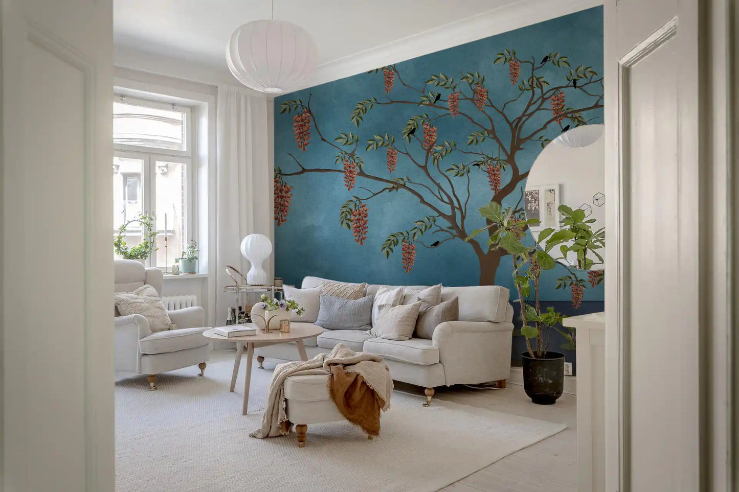 Crane lake wall mural complementing a Living area with muted tones
