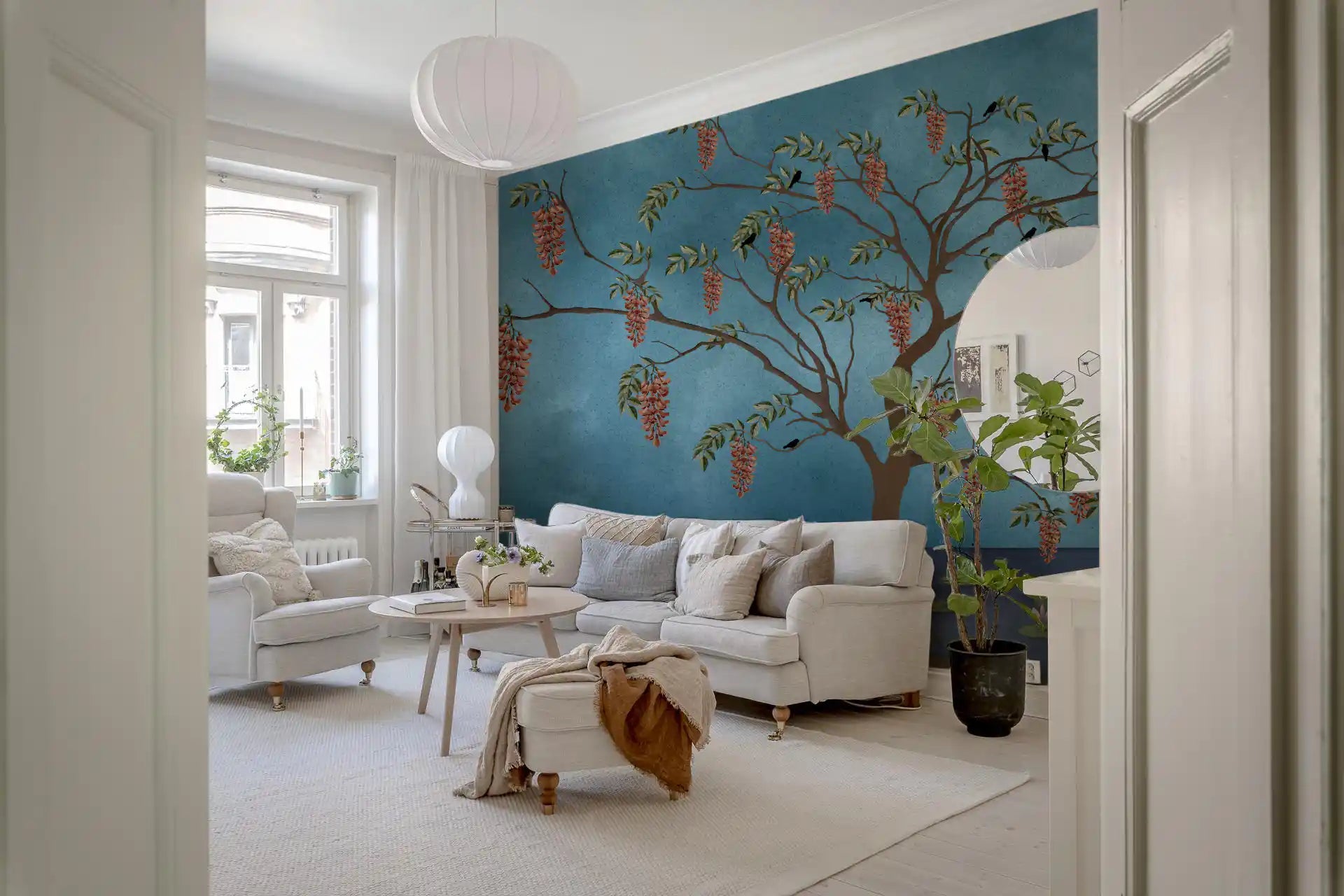 Crane lake wall mural complementing a Living area with muted tones