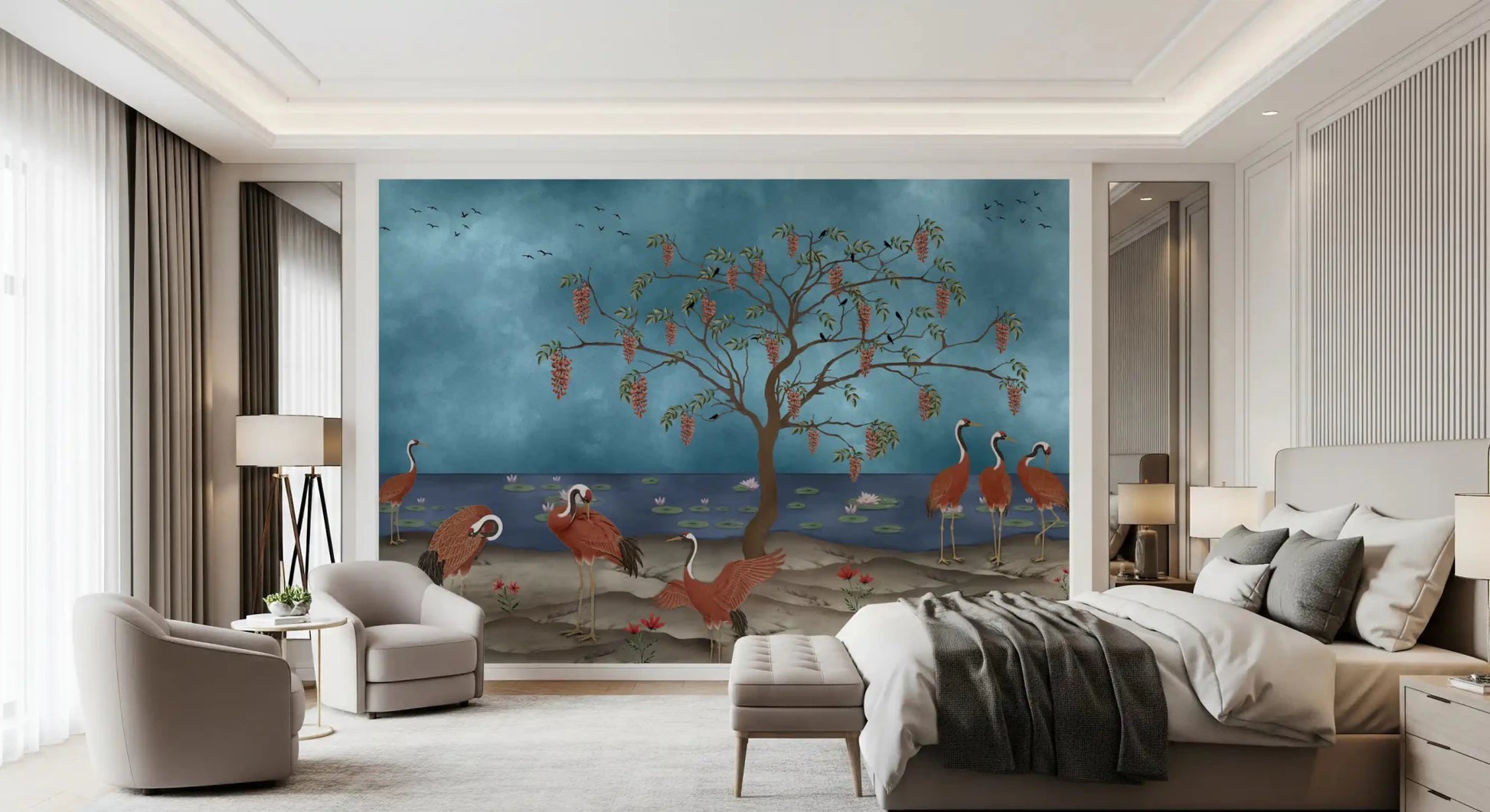 Lakeside crane wall mural creating a peaceful mood in a Bedroom 