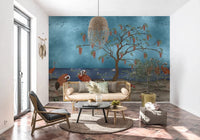 Botanical crane wall mural paired with a serene hallway interior