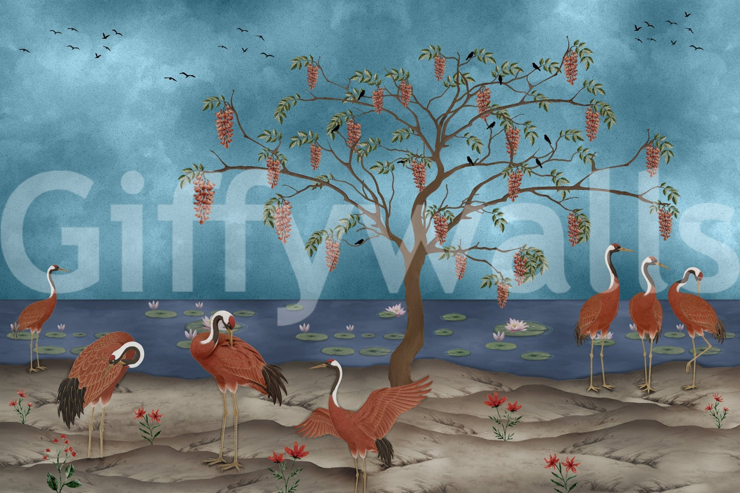 Lakeside Reverie wall mural with red cranes beside a calm blue lake