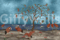 Lakeside Reverie wall mural with red cranes beside a calm blue lake