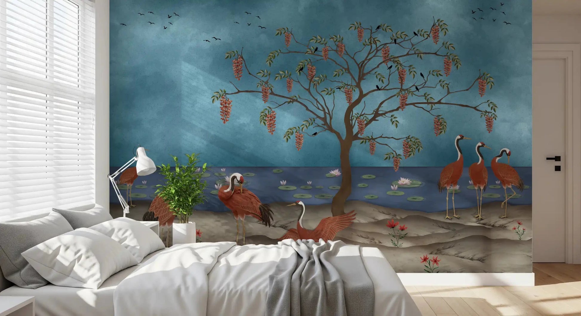 Cranes and Wisteria wall mural anchoring an elegant Bedroom 