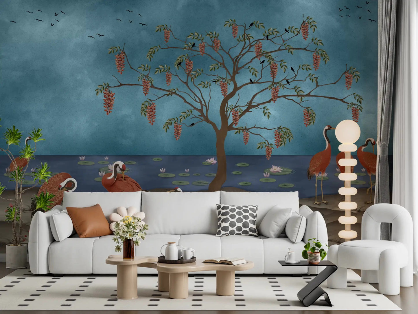 Lakeside scene wall mural softening a Living space with graceful bird motifs