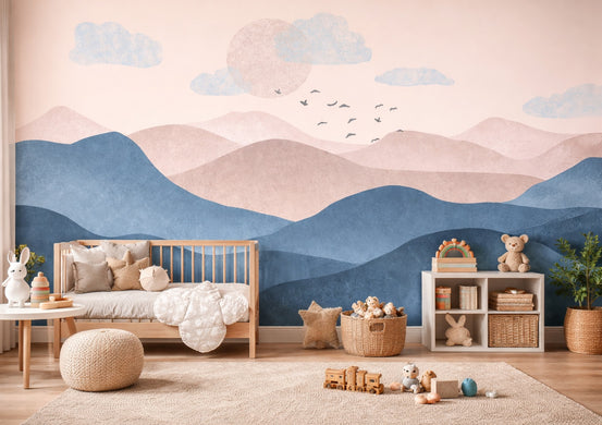 Landscape Blue Pink Mountain wallpaper mural shown as a full feature wall that highlights the design