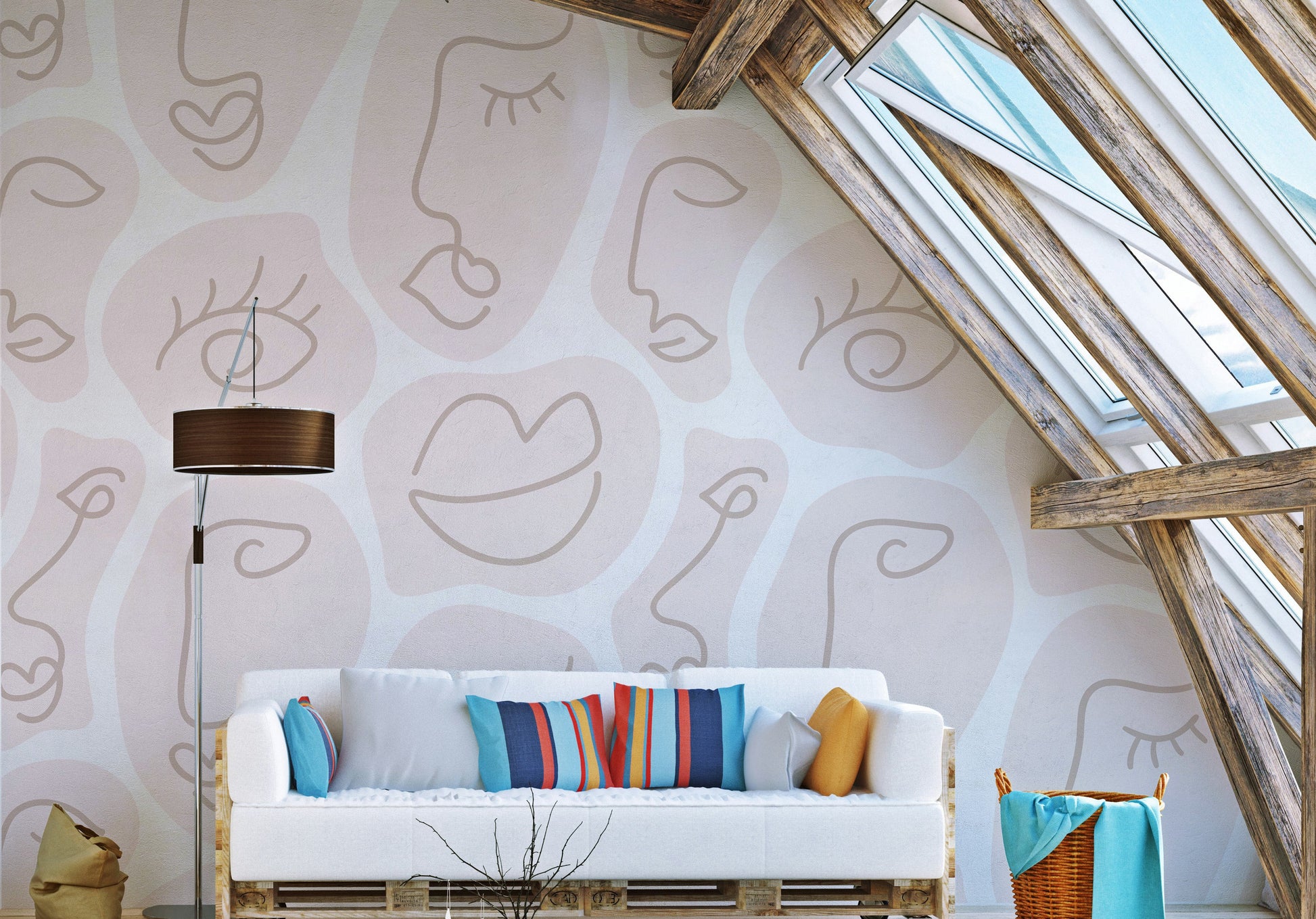Artistic large face line mural for unique and stylish spaces.
