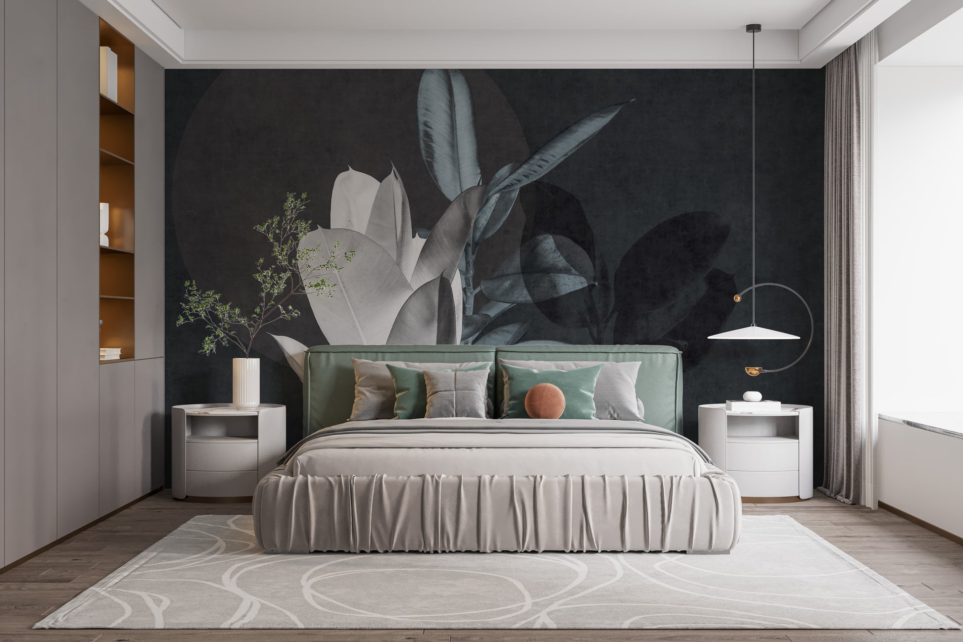 Large Leaves Textured wallpaper mural styled along a hallway feature wall near a console in gray tones