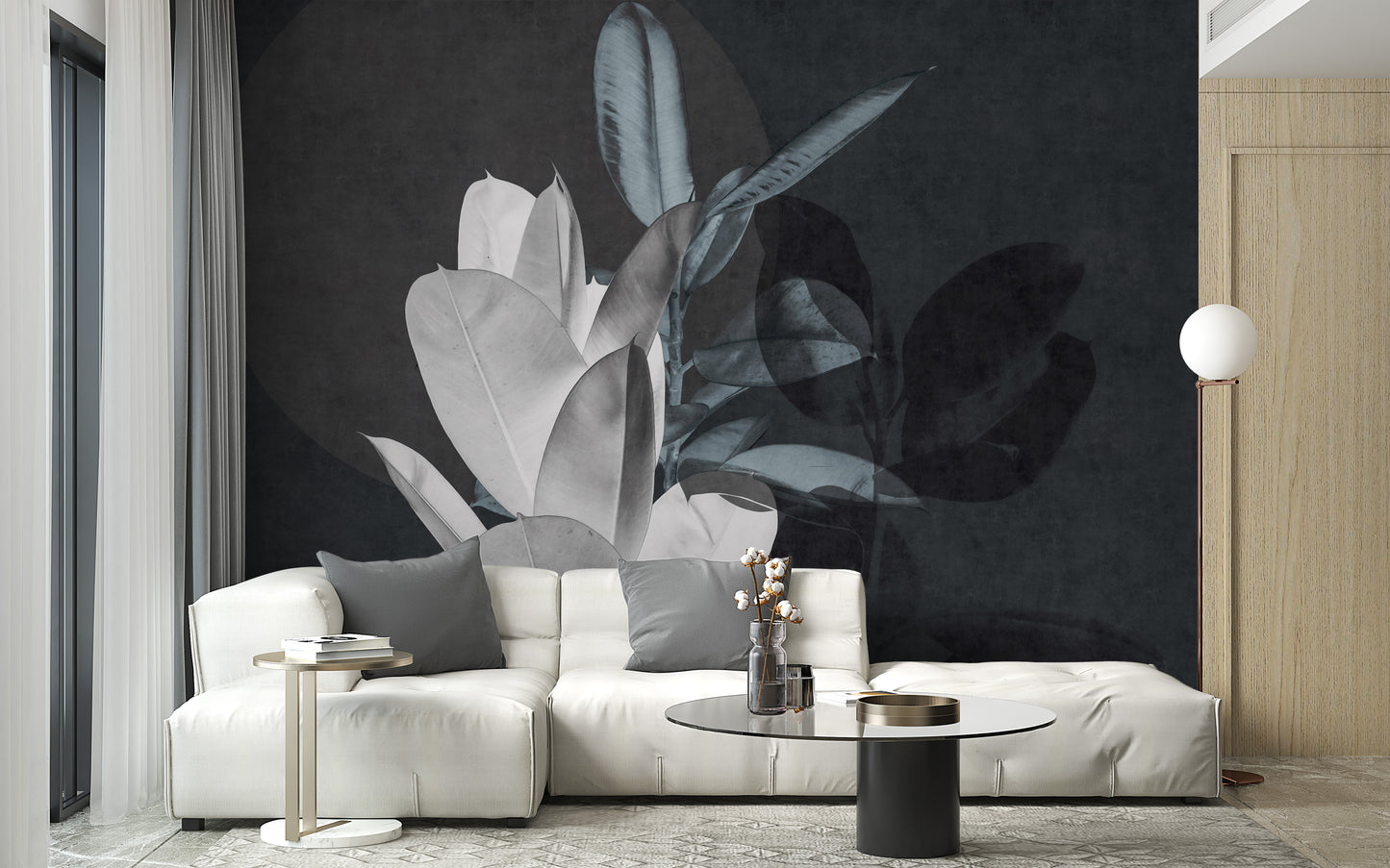 Large Leaves Textured wallpaper mural as a feature wall in a home office workspace in gray tones