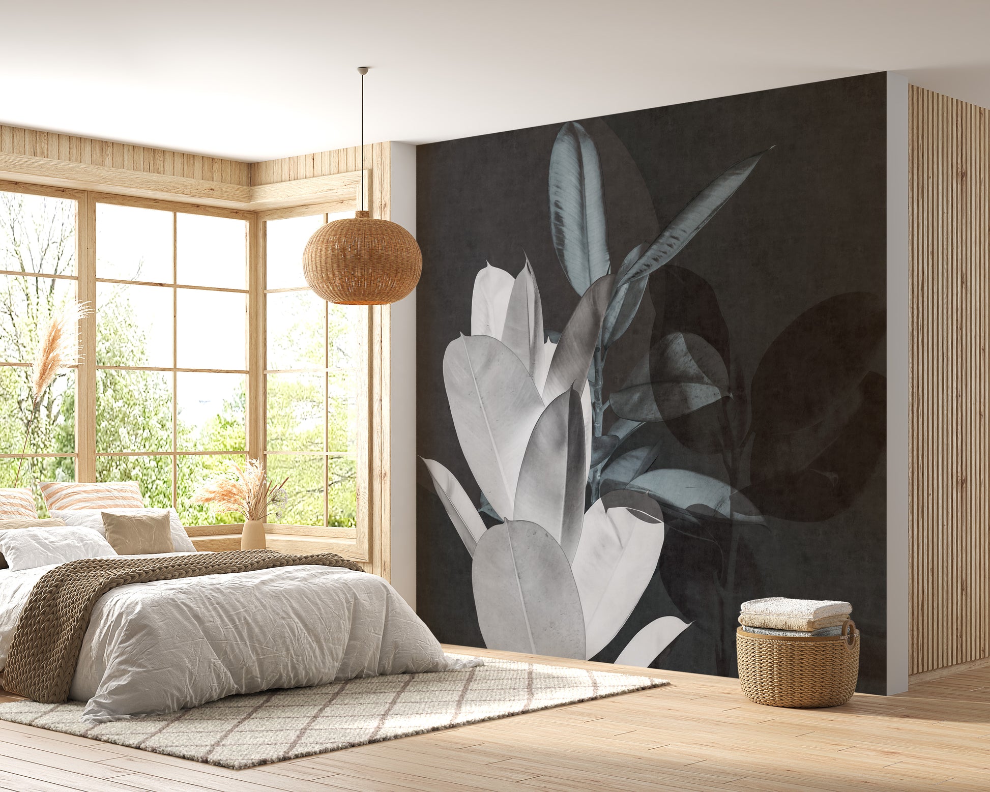 Large Leaves Textured wallpaper mural styled as a feature wall behind a dining table and chairs in gray tones