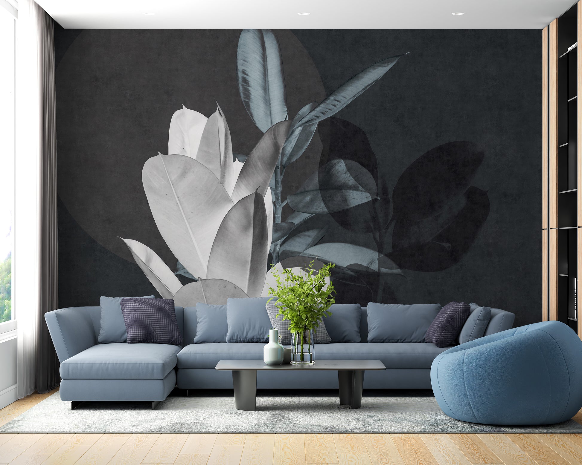 Large Leaves Textured wallpaper mural shown as a full feature wall that highlights the design