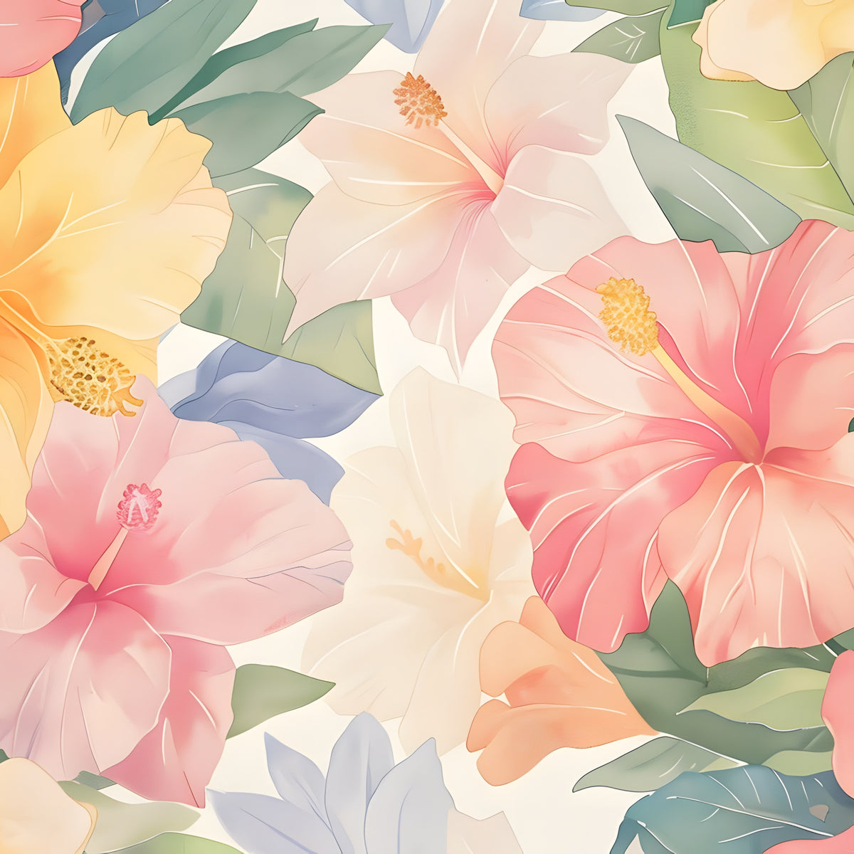 Pastel Hibiscus Watercolor Wall Mural in your room — zoomed