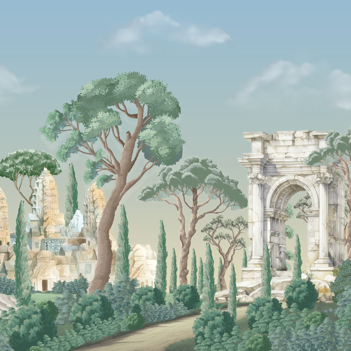 Antique Arch & Temple Wallpaper Mural in your room — zoomed