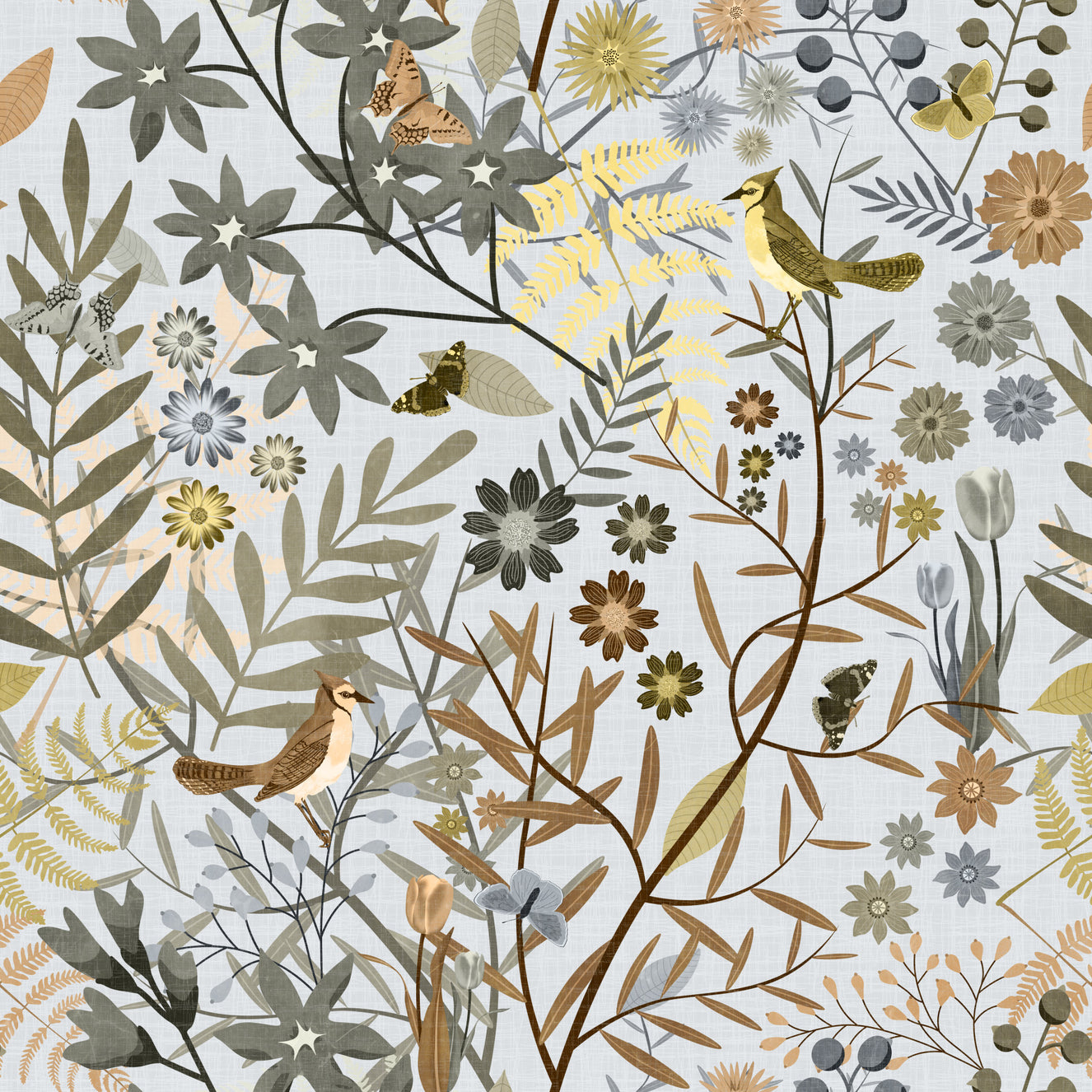 Birds Garden Golden Gray Wallpaper