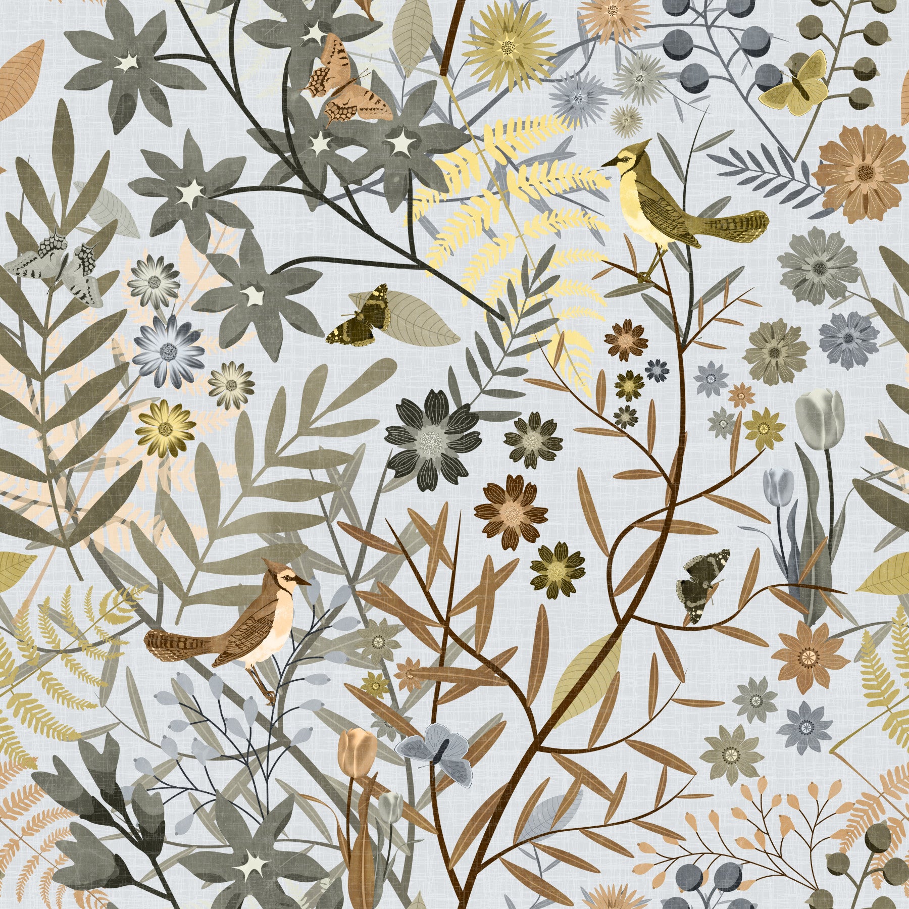 Birds Garden Golden Gray Wallpaper
