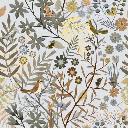 Birds Garden Golden Gray Wallpaper