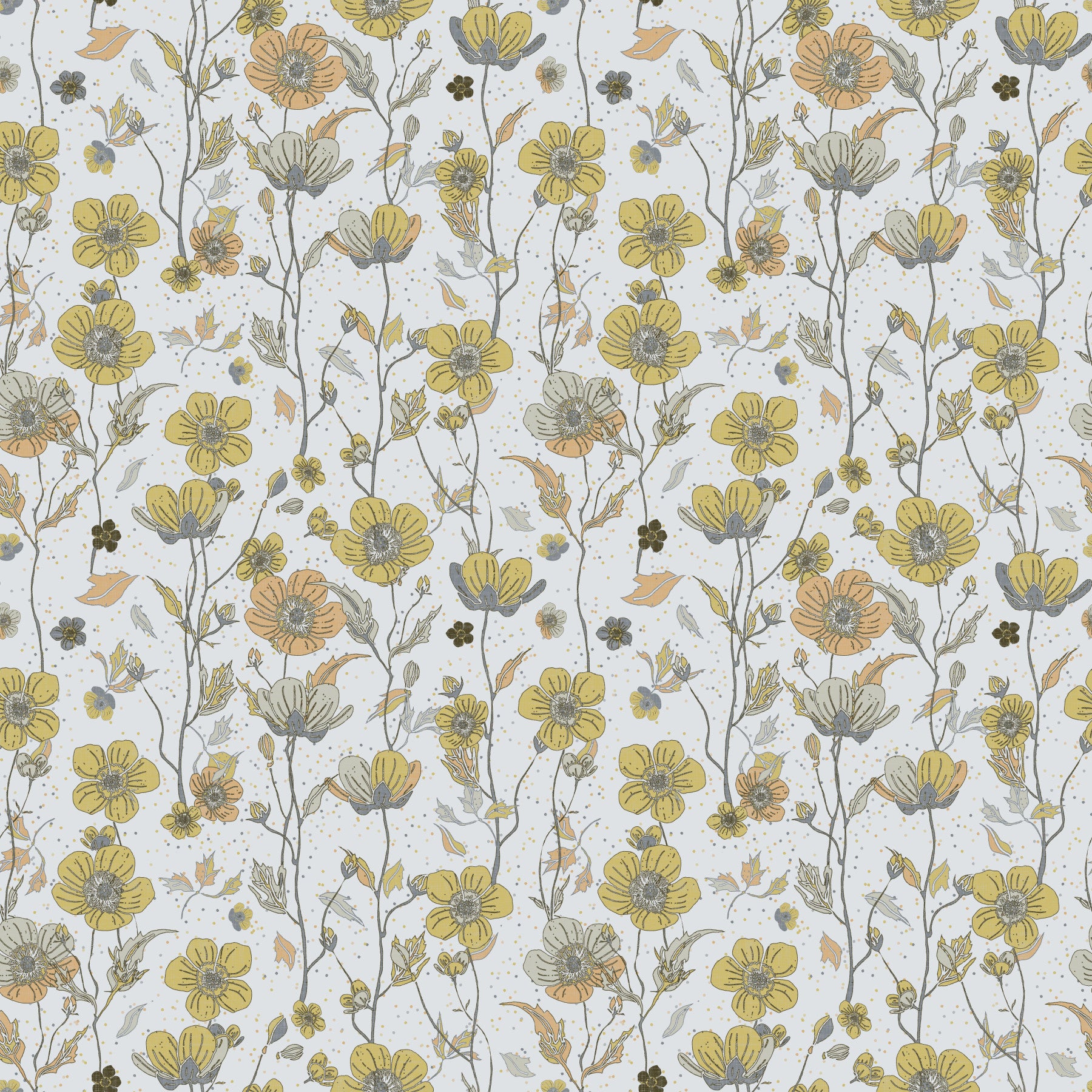 Buttercups Garden Golden and Gray wallpaper behind a white stool with eucalyptus in a striped vase