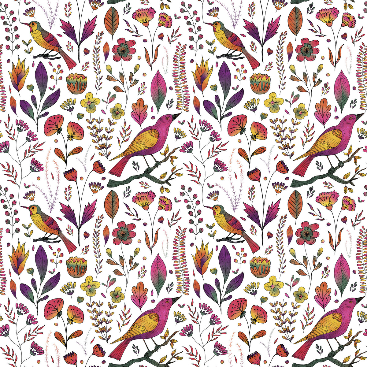Whimsical Songbird Garden White Wallpaper in your room — zoomed