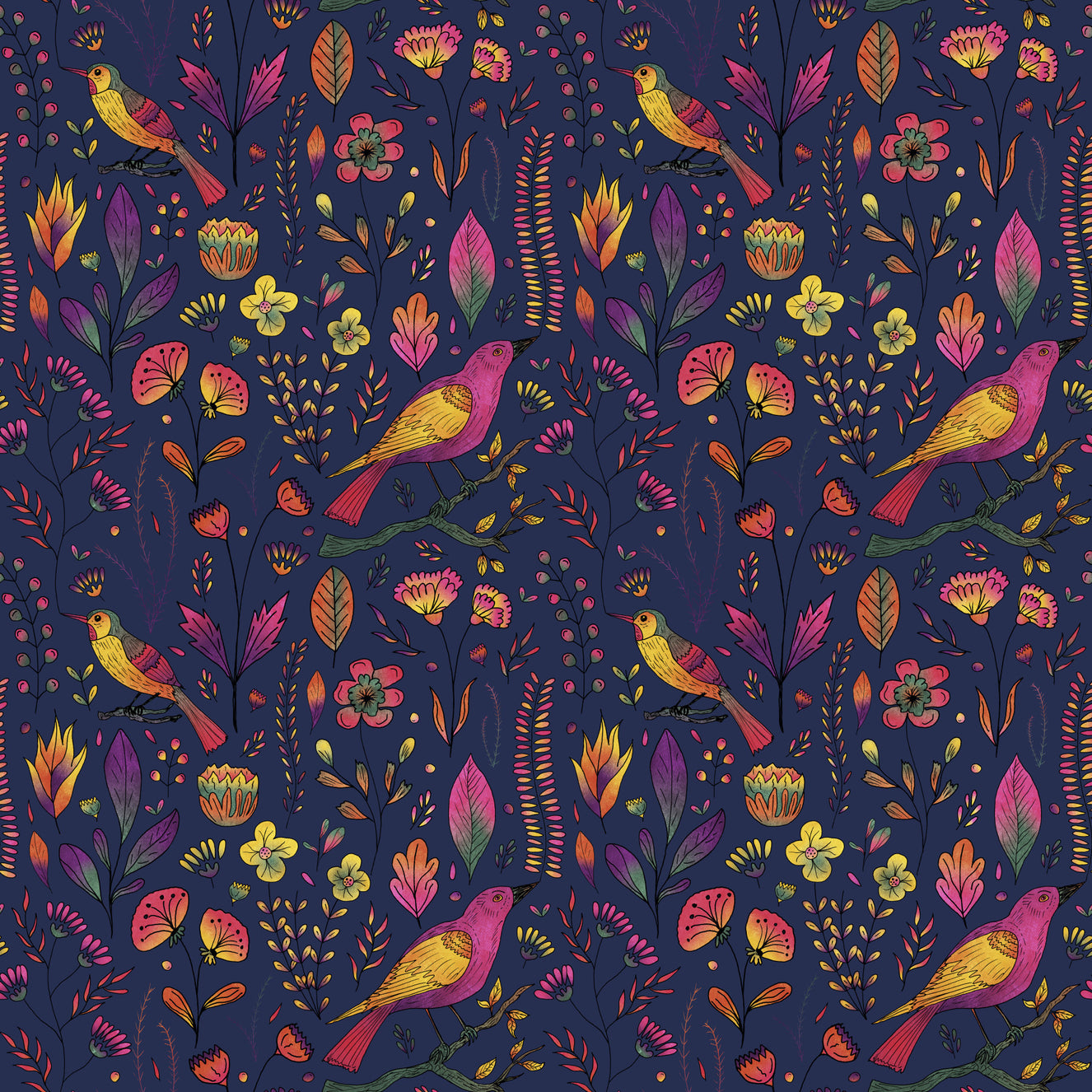 Whimsical Songbird Garden Navy Wallpaper