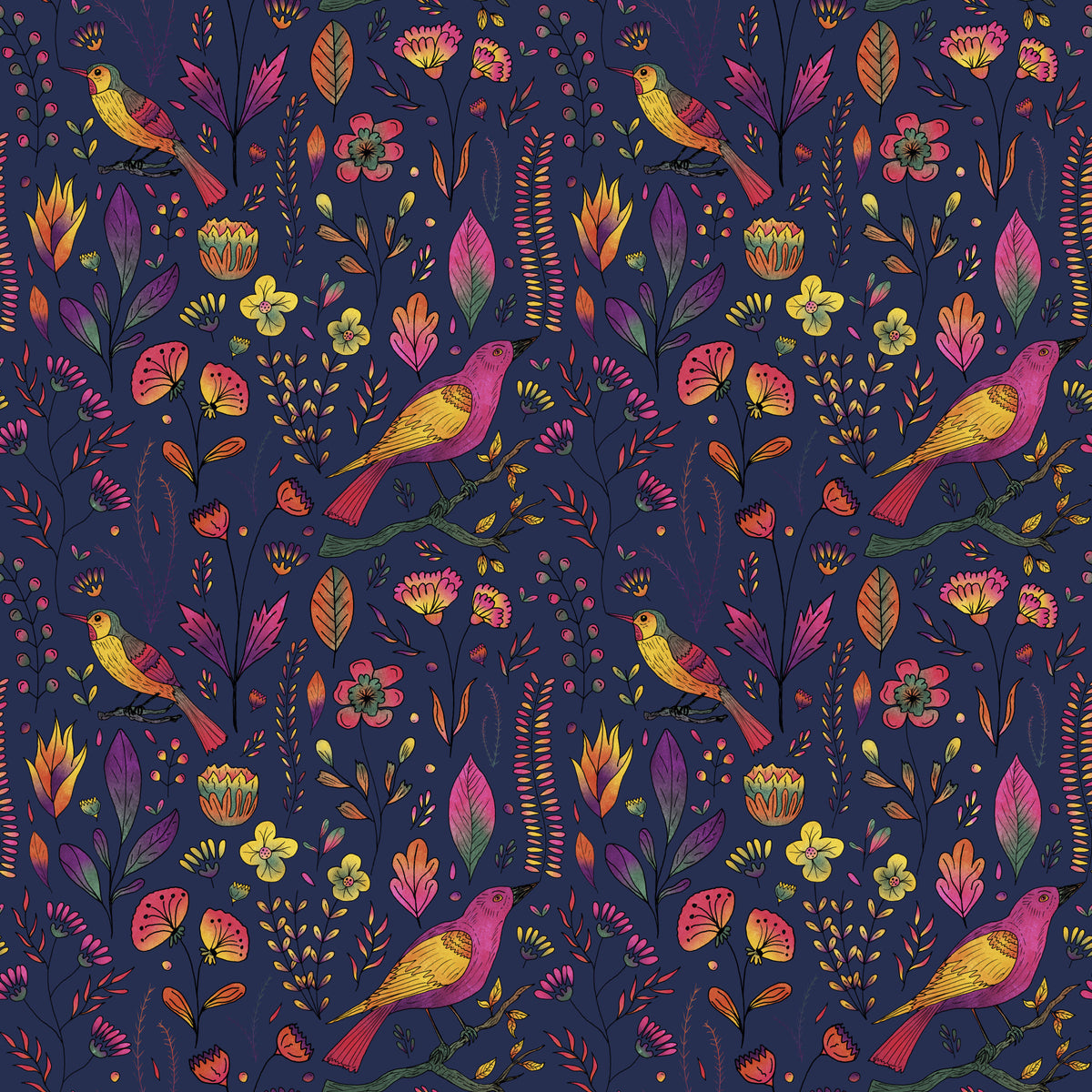 Whimsical Songbird Garden Navy Wallpaper in your room — zoomed