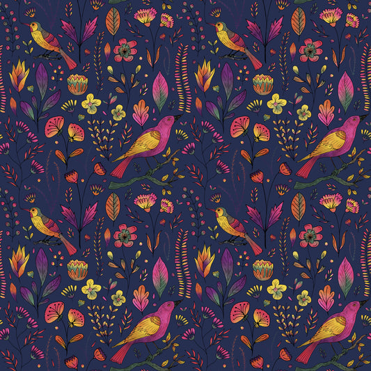Whimsical Songbird Garden Navy Wallpaper