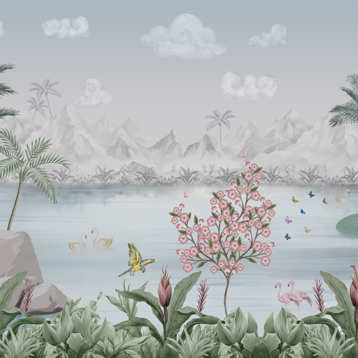 Misty Mountain Lake Escape Wall Mural