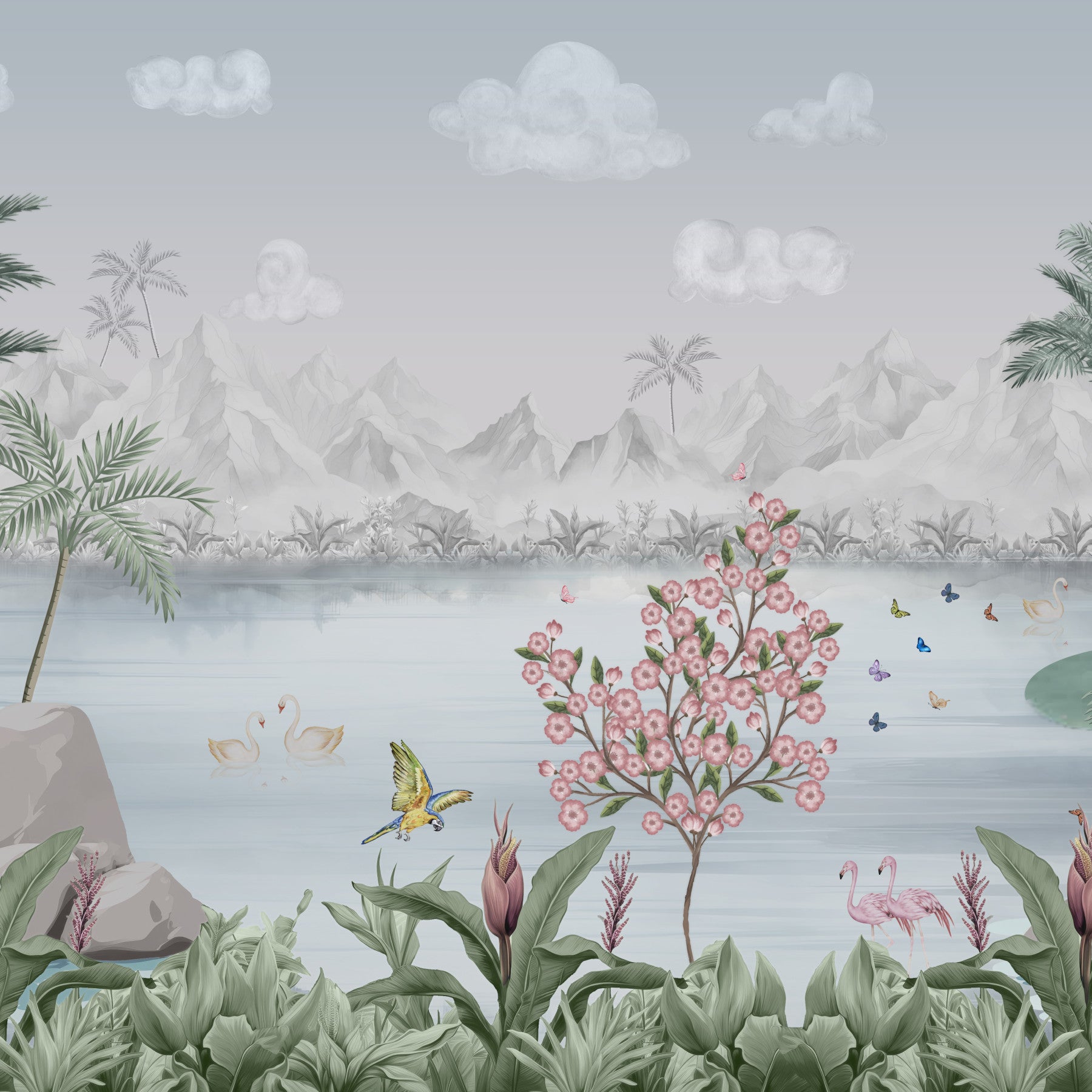 Misty Mountain Lake Escape Wall Mural in your room — zoomed