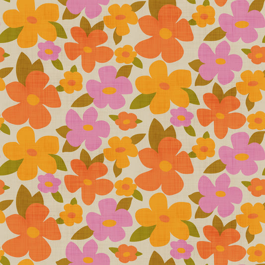 Retro Bright Flowers in Orange Pink Yellow Wallpaper