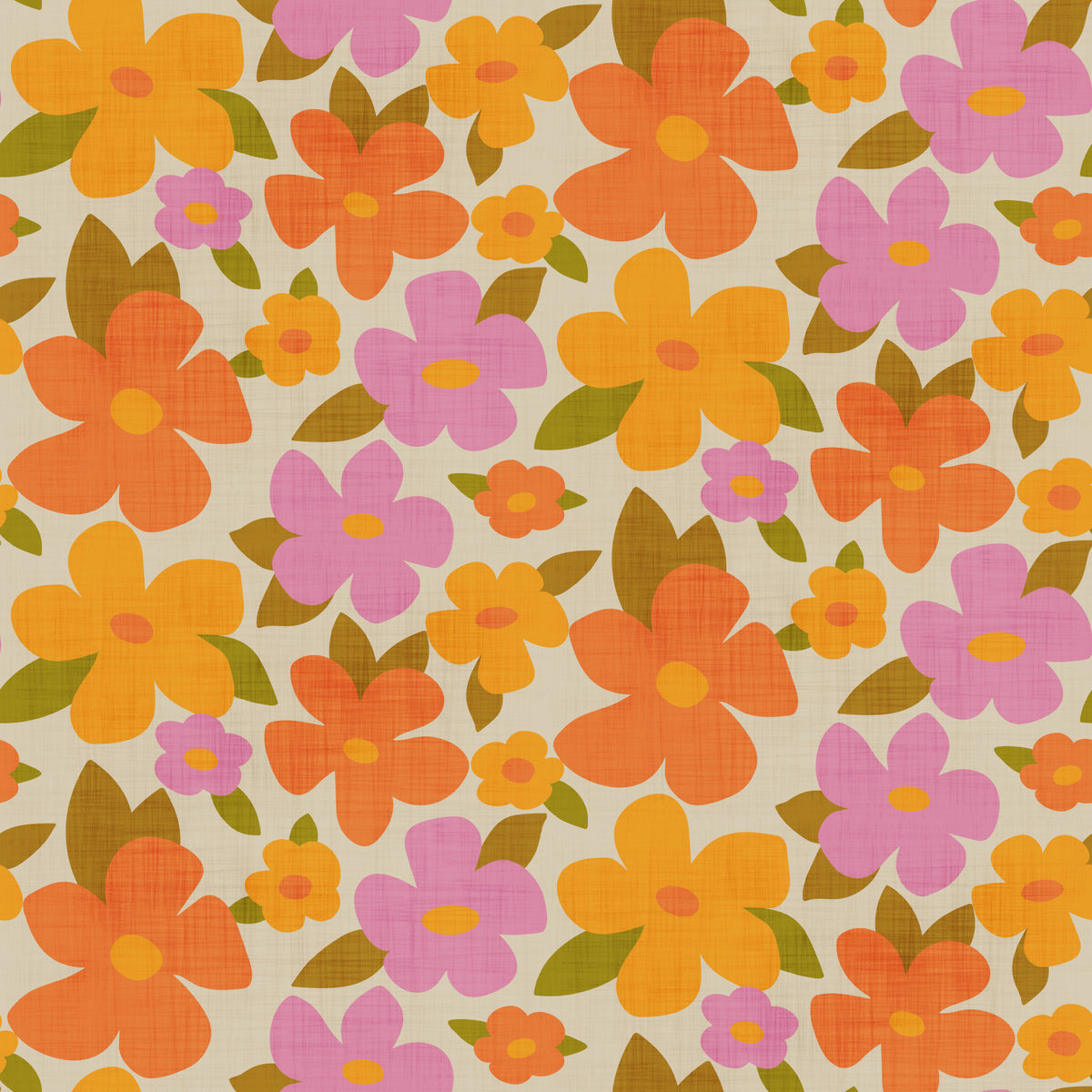 Retro Bright Flowers in Orange Pink Yellow Wallpaper