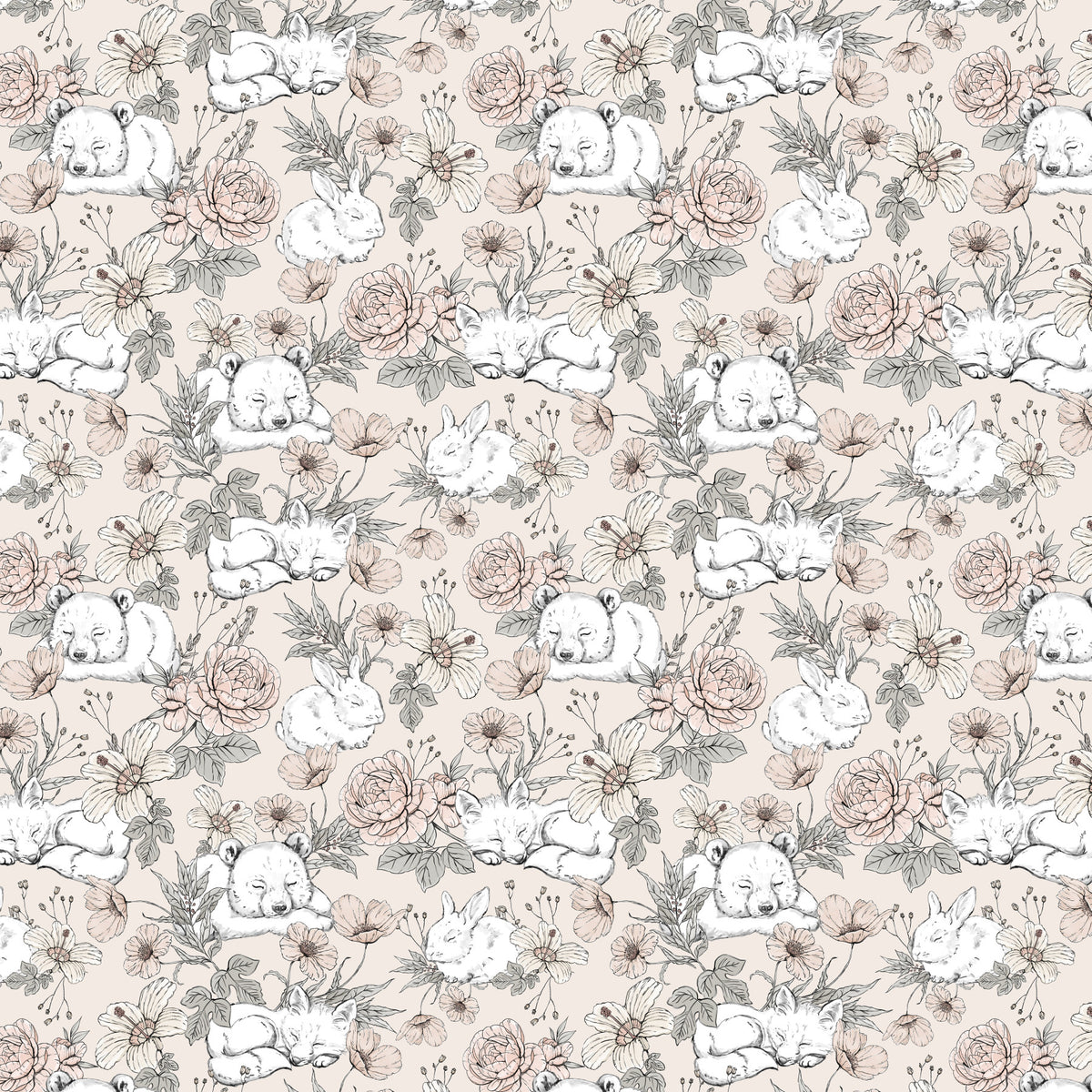 Sleeping Woodland Beige Wallpaper in your room — zoomed