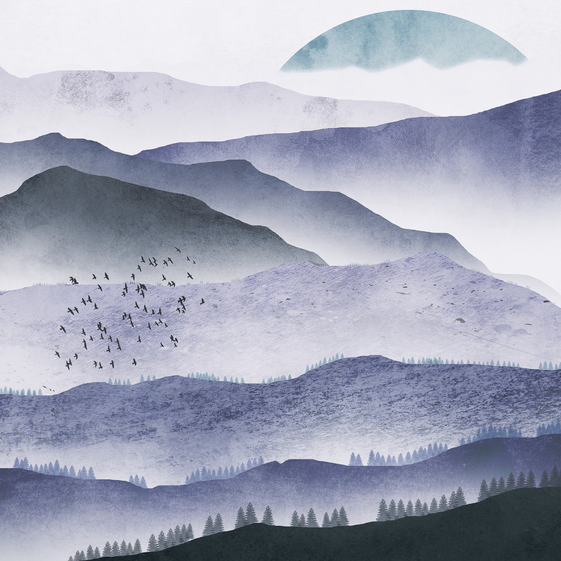 Whispers of the Mountains Mural Wallpaper in a bright living space with coastal oak decor.