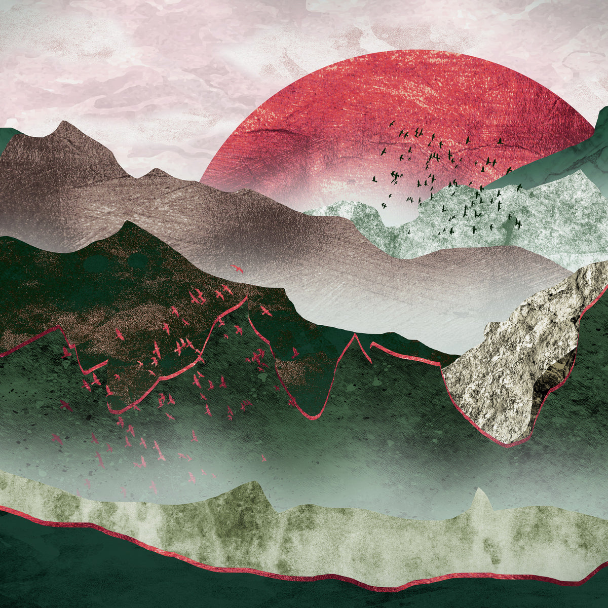 Crimson Sunset Over Misty Mountains in your room