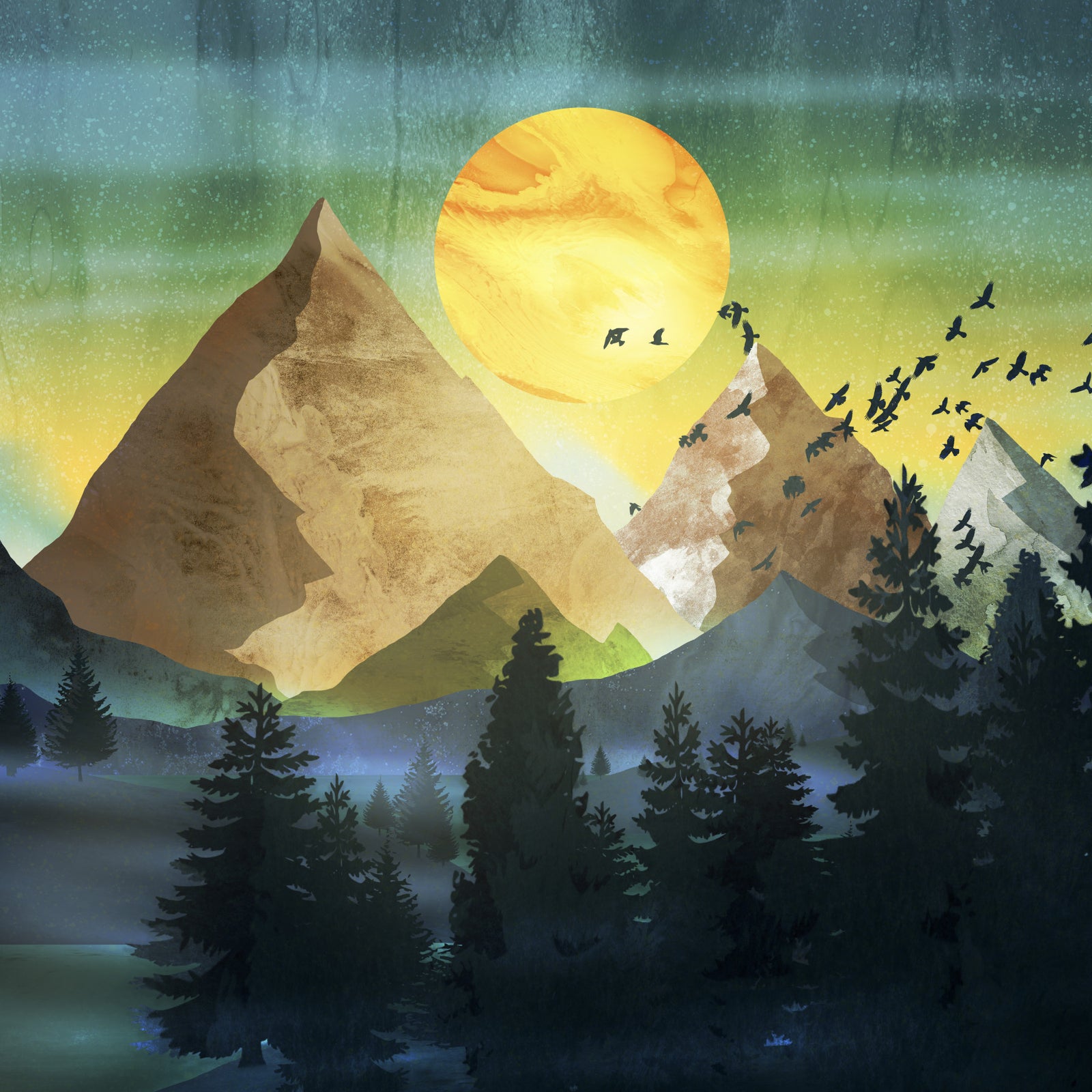 Flight of the Flock over The Mountains Wall Mural