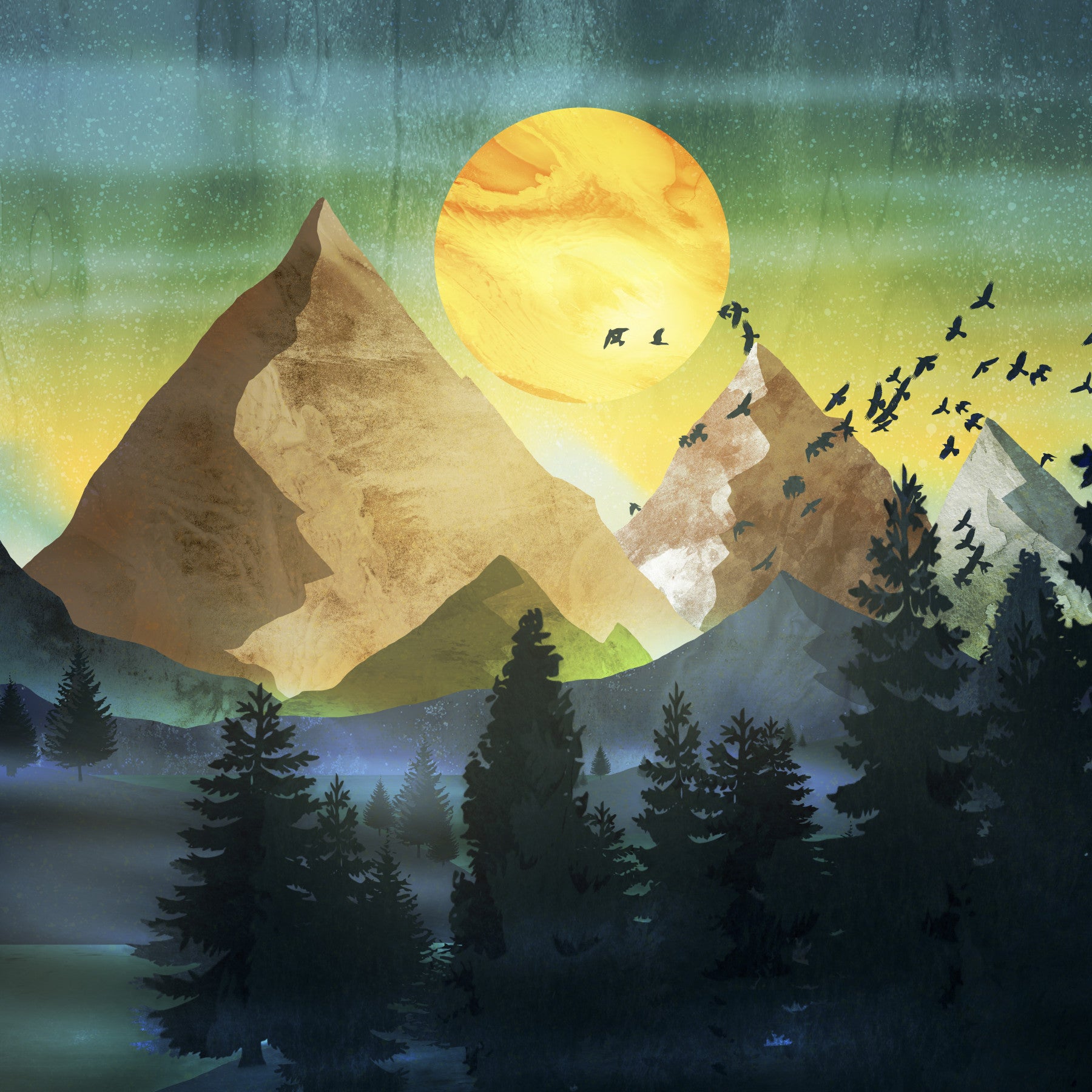 Flight of the Flock over The Mountains Wall Mural