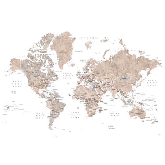 Watercolor world map with countries and capitals, Abey Wall Mural