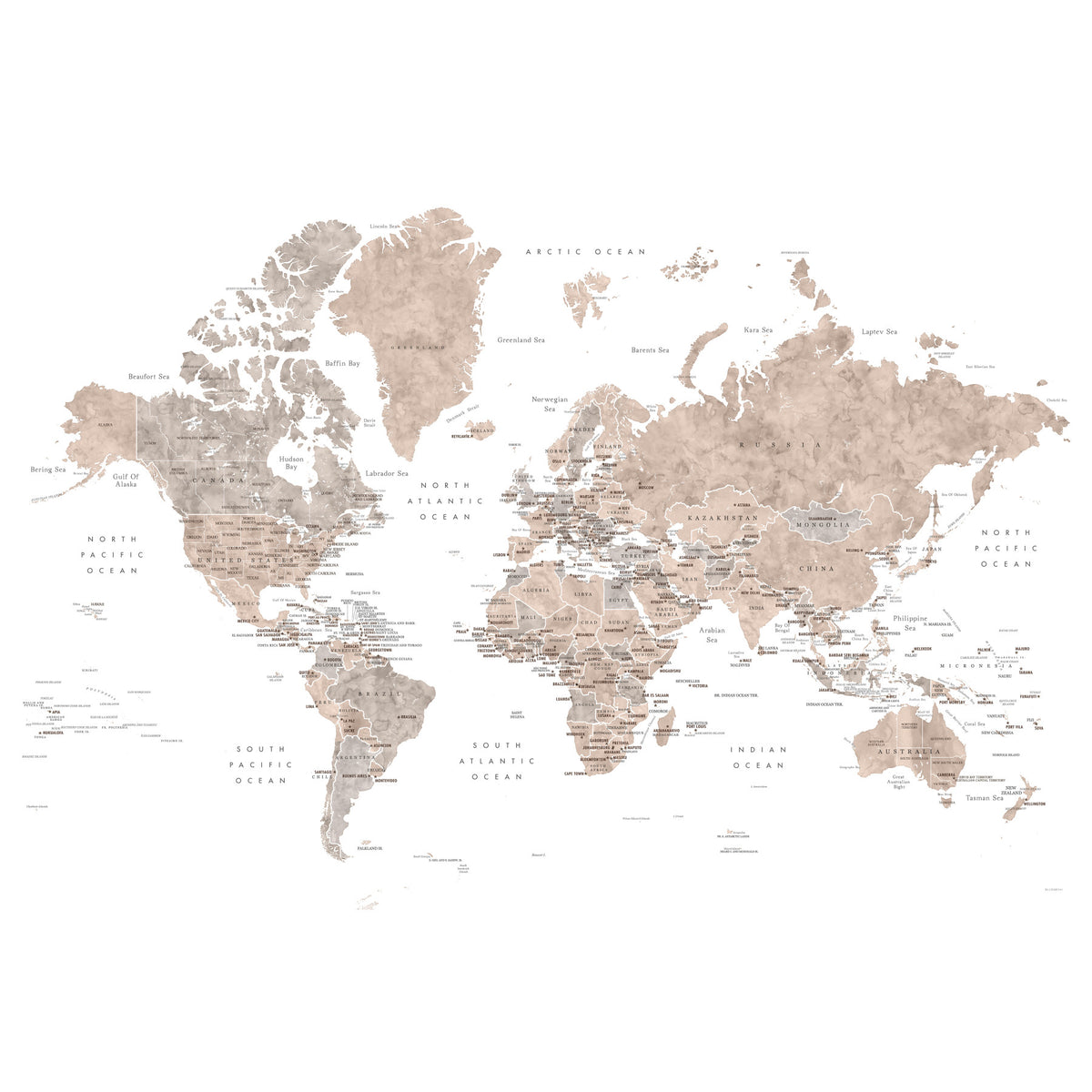 Watercolor world map with countries and capitals, Abey Wall Mural in your room — zoomed