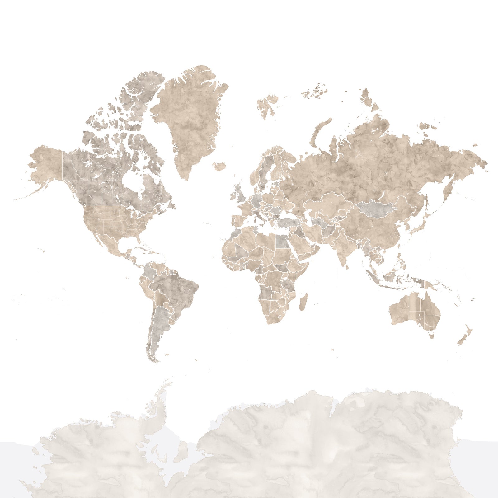 Neutral watercolor world map with outlined countries Wallpaper in your room