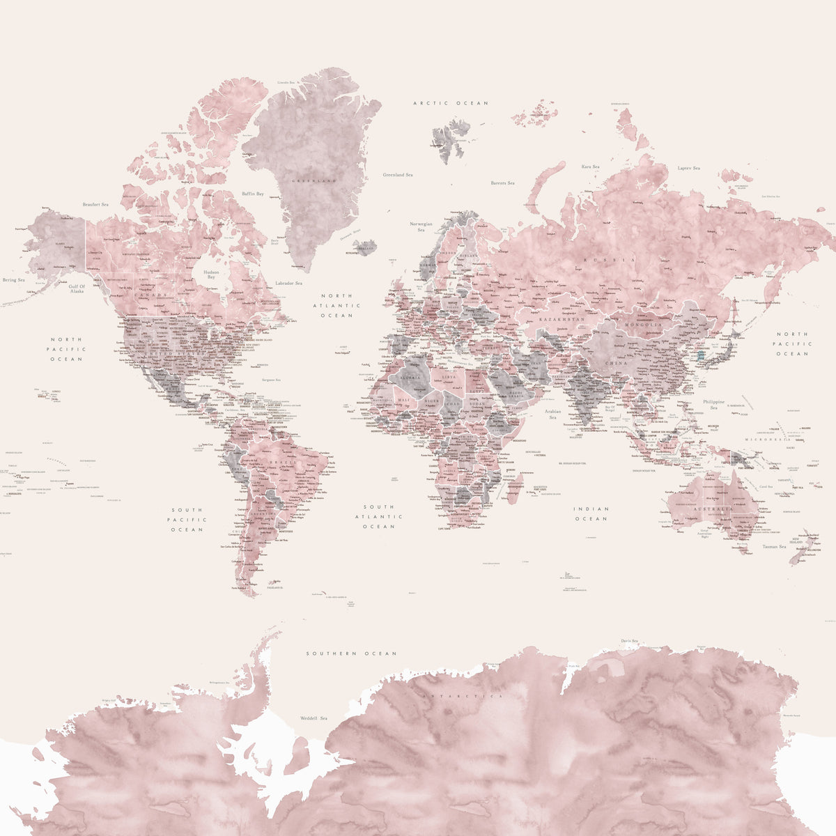 Dusty Pink World Map Wallpaper in your room — zoomed