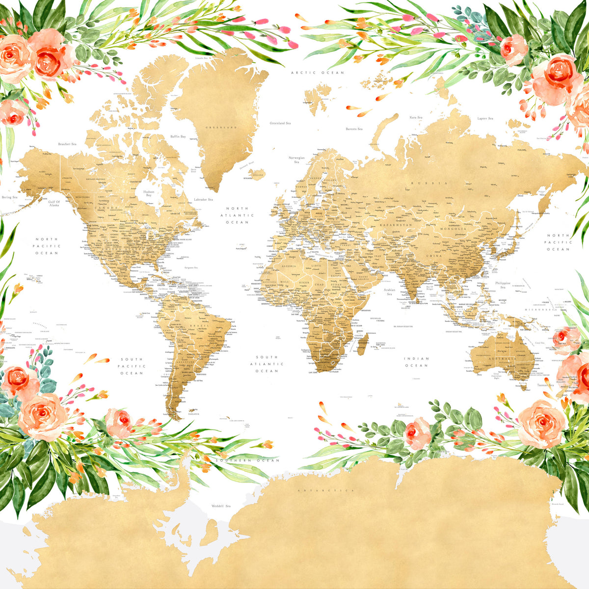 Floral Bohemian World Map Wallpaper in your room