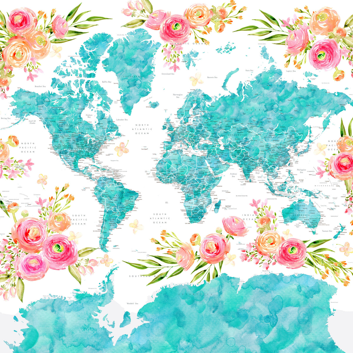 Teal Watercolor World Map Wallpaper in your room — zoomed