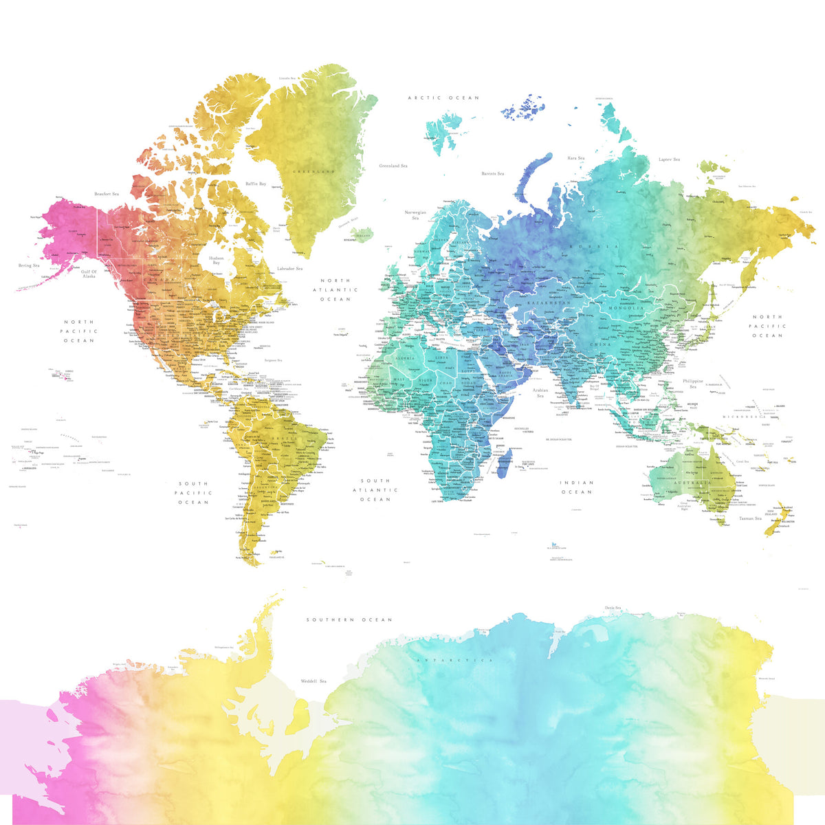 Rainbow World Map Wallpaper in your room — zoomed