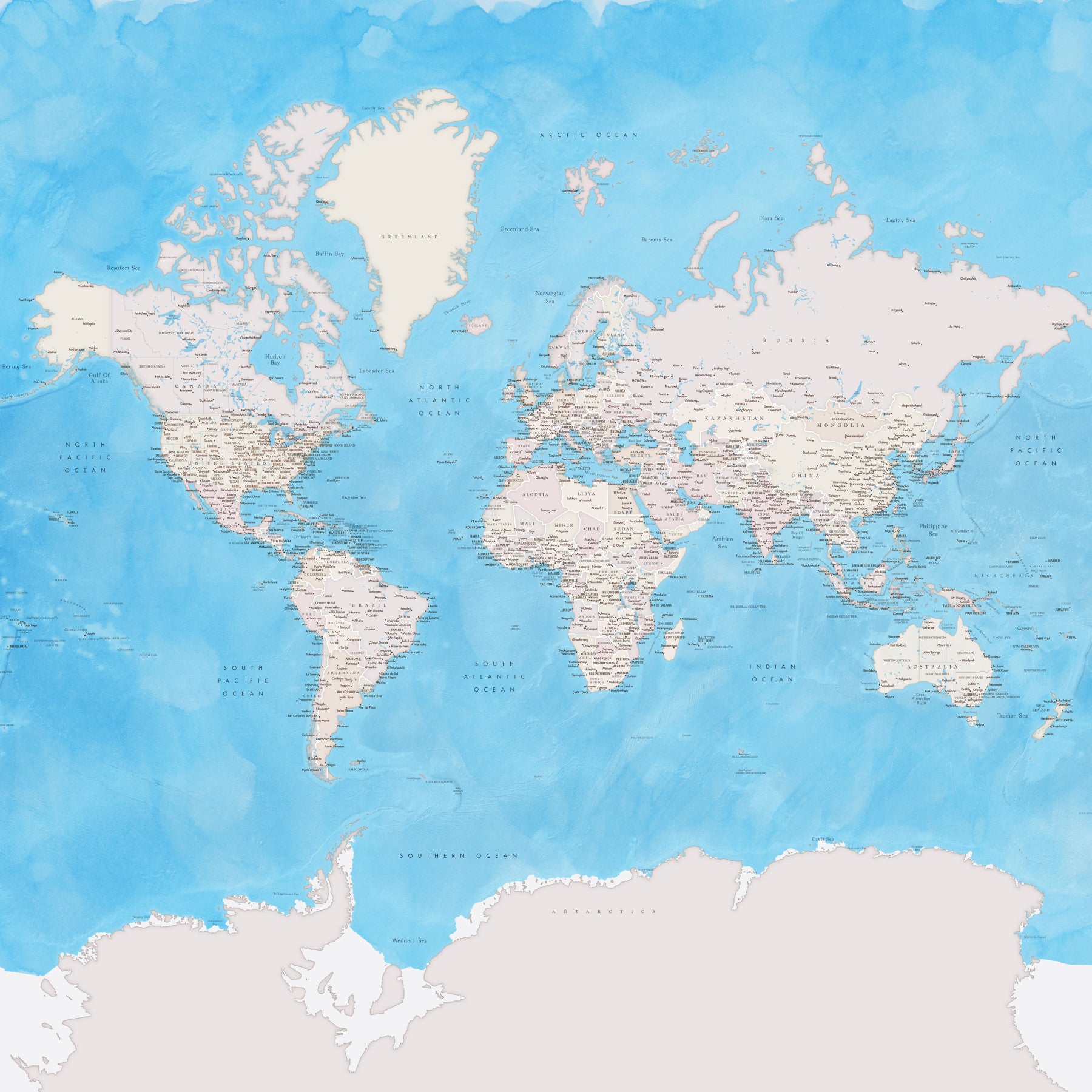 Blue Watercolor World Map Wallpaper in your room — zoomed