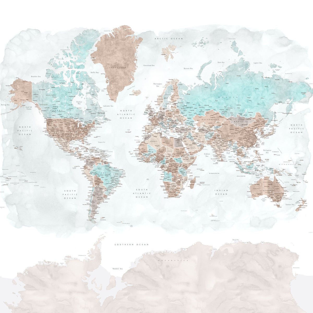 Neutral Watercolor World Map Wallpaper in your room