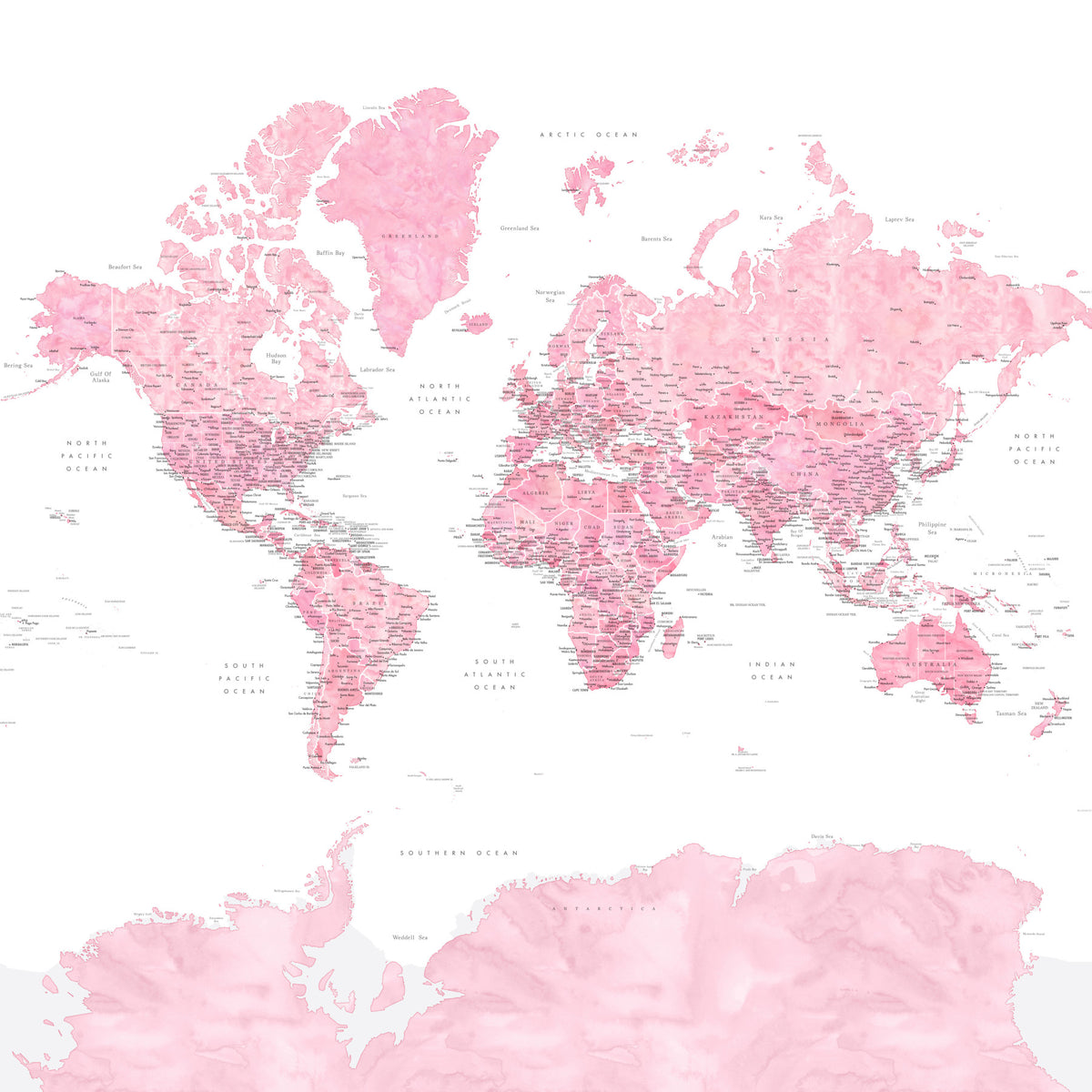 Pink Watercolor World Map Wallpaper in your room