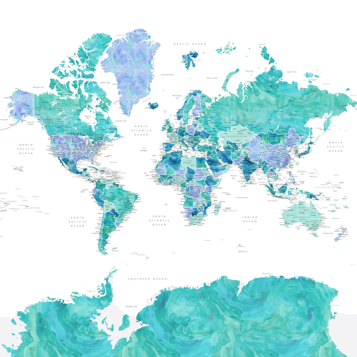 Turquoise Watercolor World Map Wallpaper in your room