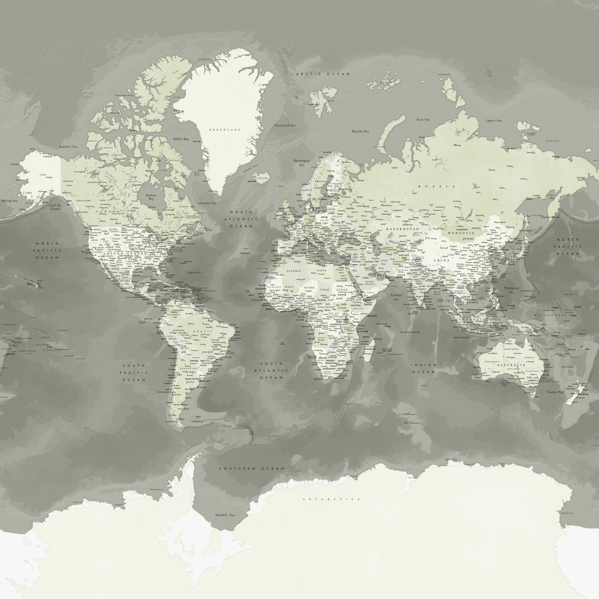 Neutral Green Watercolor World Map Wallpaper in your room — zoomed
